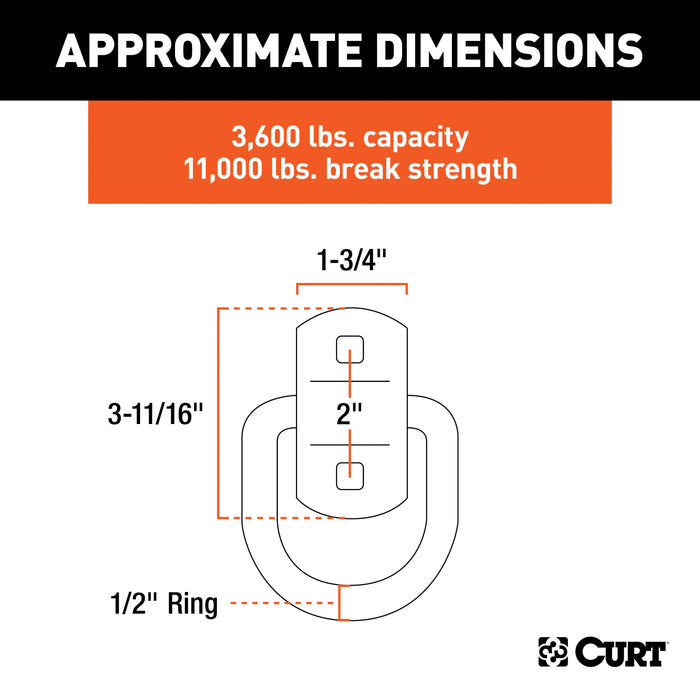 CURT 3 x 3-Inch Surface-Mounted Trailer D-Ring Tie Down Anchor, 11,000 lbs Break Strength Model 83742
