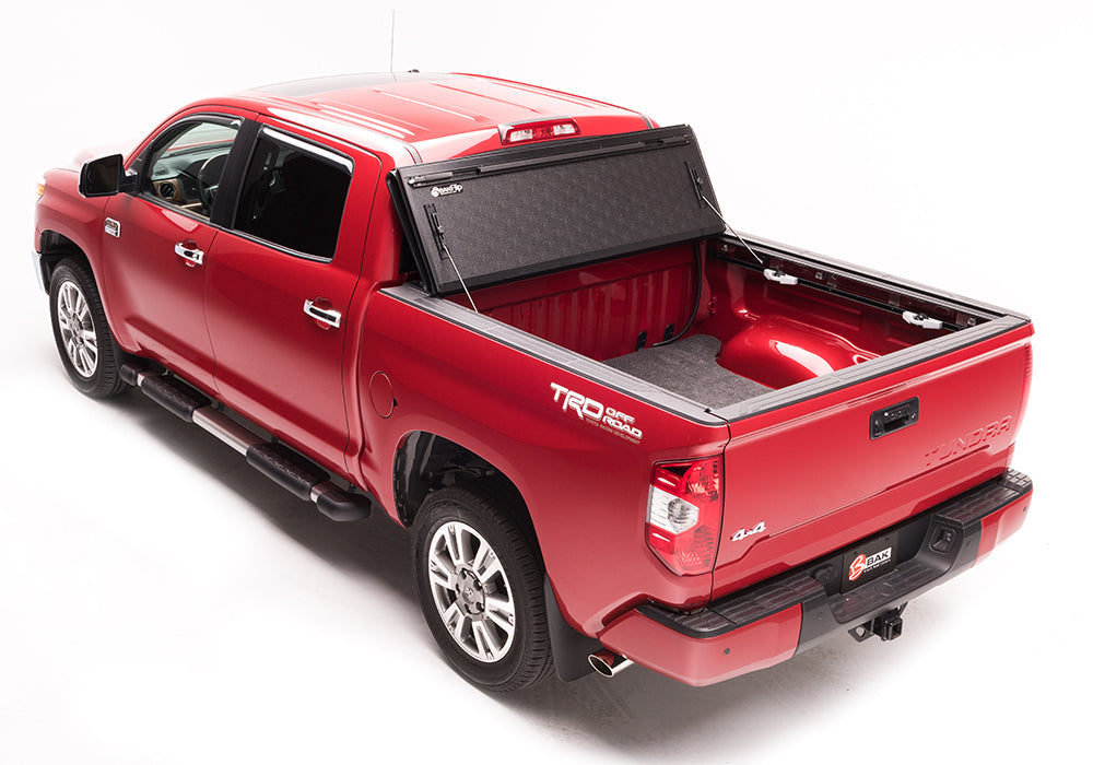 BAK BAKFlip G2 Hard Folding Truck Bed Cover - Rail Mounts Near Top of Bed Rail - Rails Can Be Lowered Using Drop Down Brackets - 2007-2021 Toyota Tundra 8' Bed with Deck Rail System without Trail Special Edition Storage Boxes Model 226411T