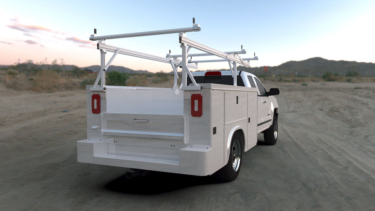Prime Design Aluminum Over-the-Cab Material Rack for Low Profile Height Service Body Open / Flip Top Lid Compatible Mount 8 & 9 Ft. Service Bodies Standard Cab OTC-8007