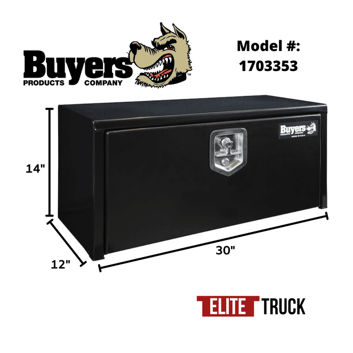 Buyers Products 14x12x30 Inch Black Steel Underbody Truck Box with T-Handle 1703353 Dimensions