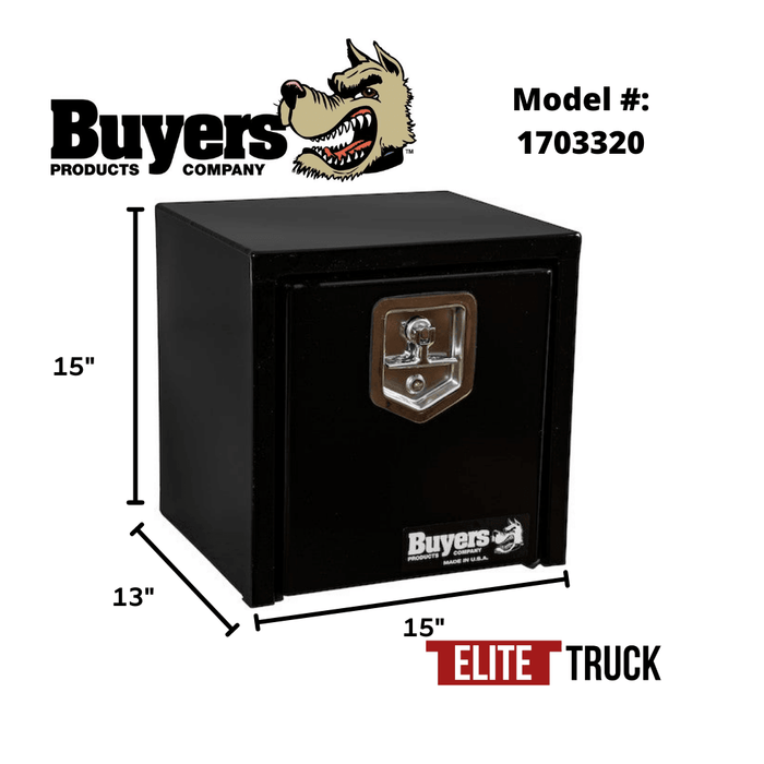 Buyers Products 15x13x15 Inch Black Steel Underbody Truck Box with T-Handle 1703320 Dimensions