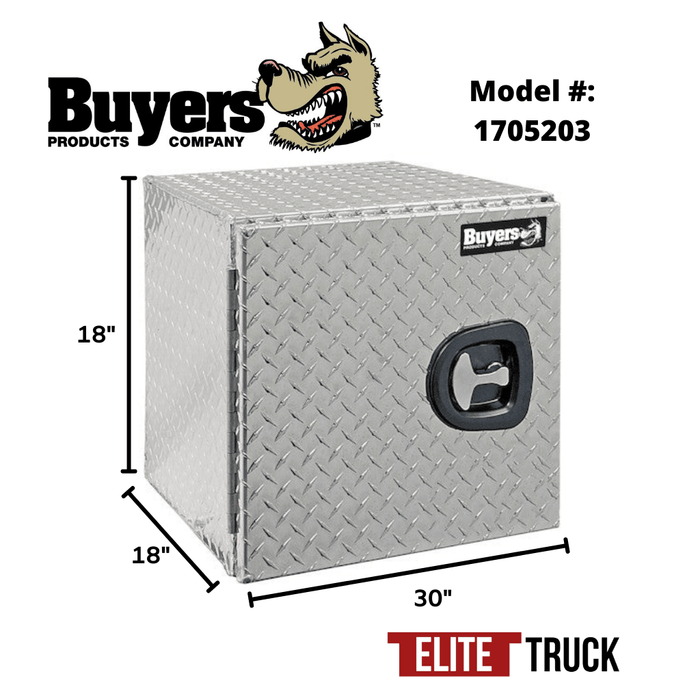 Products Buyers Products 18x18x30 Inch Diamond Tread Aluminum Underbody Truck Box - Single Barn Door, Compression Latch 1705203 Dimensions