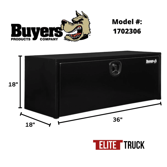 Buyers Products 18x18x36 Inch Black Steel Underbody Truck Box with Built-In Shelf - 3-point Latch 1702306 Dimensions