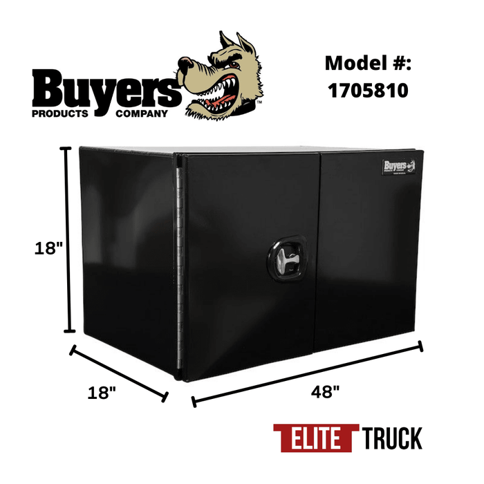 Buyers Products 18x18x48 Inch Black Smooth Aluminum Underbody Truck Tool Box - Double Barn Door, 3-Point Compression Latch 1705810 Dimensions