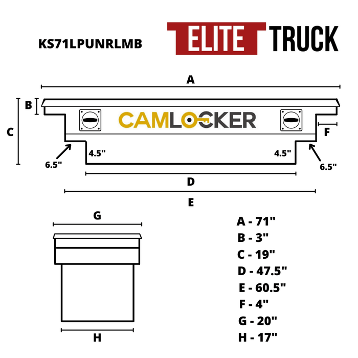 CamLocker King Size Crossover Tool Box 71 Inch Deep Low Profile Notched Matte Black With Rail Model KS71LPUNRLMB